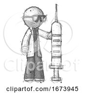 Sketch Doctor Scientist Man Holding Large Syringe