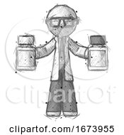 Sketch Doctor Scientist Man Holding Two Medicine Bottles