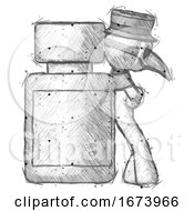 Sketch Plague Doctor Man Leaning Against Large Medicine Bottle