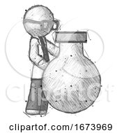 Poster, Art Print Of Sketch Doctor Scientist Man Standing Beside Large Round Flask Or Beaker