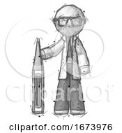 Sketch Doctor Scientist Man Standing With Large Thermometer
