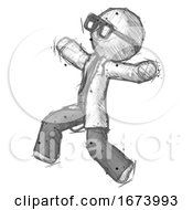 Poster, Art Print Of Sketch Doctor Scientist Man Running Away In Hysterical Panic Direction Left