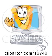 Clipart Picture Of A Wedge Of Orange Swiss Cheese Mascot Cartoon Character Waving From Inside A Computer Screen