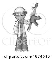 Poster, Art Print Of Sketch Doctor Scientist Man Holding Automatic Gun