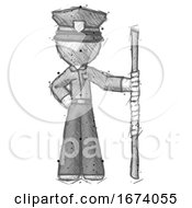 Poster, Art Print Of Sketch Police Man Holding Staff Or Bo Staff