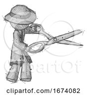 Poster, Art Print Of Sketch Detective Man Holding Giant Scissors Cutting Out Something
