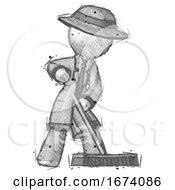 Poster, Art Print Of Sketch Detective Man Cleaning Services Janitor Sweeping Floor With Push Broom