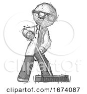 Poster, Art Print Of Sketch Doctor Scientist Man Cleaning Services Janitor Sweeping Floor With Push Broom