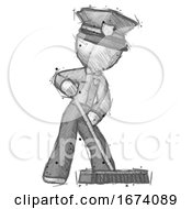 Poster, Art Print Of Sketch Police Man Cleaning Services Janitor Sweeping Floor With Push Broom