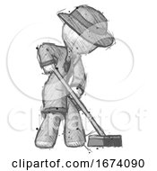 Poster, Art Print Of Sketch Detective Man Cleaning Services Janitor Sweeping Side View