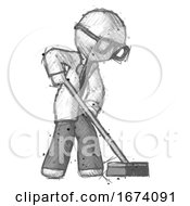 Poster, Art Print Of Sketch Doctor Scientist Man Cleaning Services Janitor Sweeping Side View