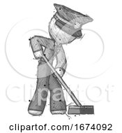 Poster, Art Print Of Sketch Police Man Cleaning Services Janitor Sweeping Side View