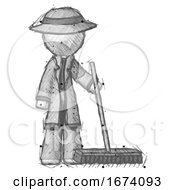 Sketch Detective Man Standing With Industrial Broom