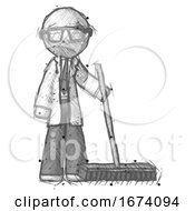 Poster, Art Print Of Sketch Doctor Scientist Man Standing With Industrial Broom