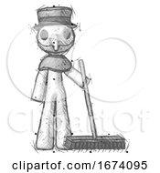 Sketch Plague Doctor Man Standing With Industrial Broom