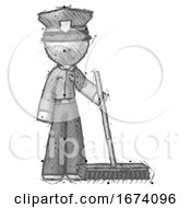Sketch Police Man Standing With Industrial Broom