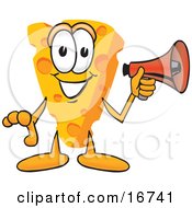 Poster, Art Print Of Wedge Of Orange Swiss Cheese Mascot Cartoon Character Holding A Red Bullhorn Megaphone And Preparing To Make An Announcement