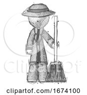 Sketch Detective Man Standing With Broom Cleaning Services