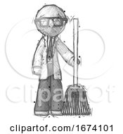 Sketch Doctor Scientist Man Standing With Broom Cleaning Services