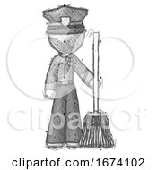 Sketch Police Man Standing With Broom Cleaning Services