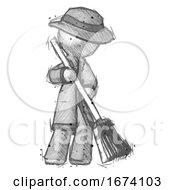 Sketch Detective Man Sweeping Area With Broom