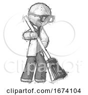 Poster, Art Print Of Sketch Doctor Scientist Man Sweeping Area With Broom