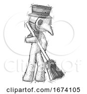 Sketch Plague Doctor Man Sweeping Area With Broom