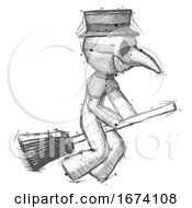 Sketch Plague Doctor Man Flying On Broom