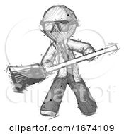 Poster, Art Print Of Sketch Doctor Scientist Man Broom Fighter Defense Pose
