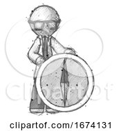 Sketch Doctor Scientist Man Standing Beside Large Compass