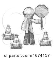 Sketch Doctor Scientist Man Holding Stop Sign By Traffic Cones Under Construction Concept