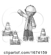 Sketch Doctor Scientist Man Standing By Traffic Cones Waving