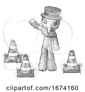 Sketch Plague Doctor Man Standing By Traffic Cones Waving