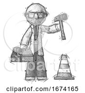 Poster, Art Print Of Sketch Doctor Scientist Man Under Construction Concept Traffic Cone And Tools