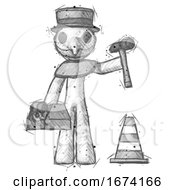 Poster, Art Print Of Sketch Plague Doctor Man Under Construction Concept Traffic Cone And Tools