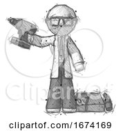 Poster, Art Print Of Sketch Doctor Scientist Man Holding Drill Ready To Work Toolchest And Tools To Right