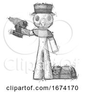 Poster, Art Print Of Sketch Plague Doctor Man Holding Drill Ready To Work Toolchest And Tools To Right