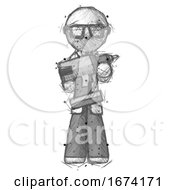 Sketch Doctor Scientist Man Holding Large Drill