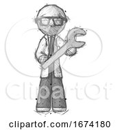 Sketch Doctor Scientist Man Holding Large Wrench With Both Hands