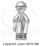 Poster, Art Print Of Sketch Doctor Scientist Man Gifting Present With Large Bow Front View