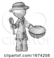 Sketch Detective Man With Empty Bowl And Spoon Ready To Make Something
