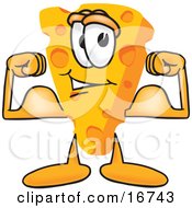 Poster, Art Print Of Wedge Of Orange Swiss Cheese Mascot Cartoon Character Showing His Strength By Flexing His Strong Bicep Arm Muscles