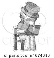 Poster, Art Print Of Sketch Plague Doctor Man Using Laptop Computer While Sitting In Chair Angled Right