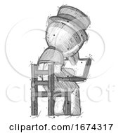 Poster, Art Print Of Sketch Plague Doctor Man Using Laptop Computer While Sitting In Chair View From Back