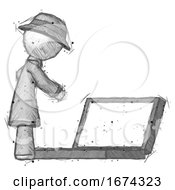 Sketch Detective Man Using Large Laptop Computer Side Orthographic View