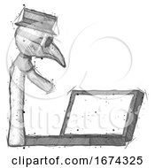 Poster, Art Print Of Sketch Plague Doctor Man Using Large Laptop Computer Side Orthographic View