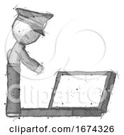 Poster, Art Print Of Sketch Police Man Using Large Laptop Computer Side Orthographic View