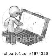 Poster, Art Print Of Sketch Doctor Scientist Man Using Large Laptop Computer