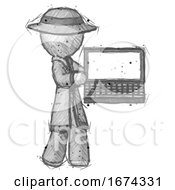 Poster, Art Print Of Sketch Detective Man Holding Laptop Computer Presenting Something On Screen