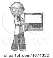 Sketch Doctor Scientist Man Holding Laptop Computer Presenting Something On Screen